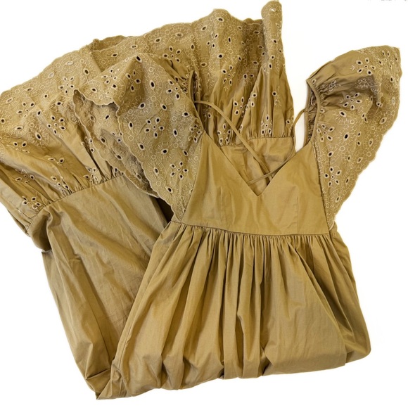 En Saison Anthropologie Dress Womens Medium Khaki Tan Eyelet Poplin Midi - Picture 2 of 11